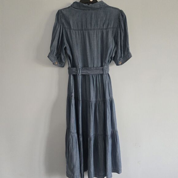 NWT Cato Midi Dress with Belt & Pockets Size M Tiered Skirt chambray-denim-look - Picture 8 of 10
